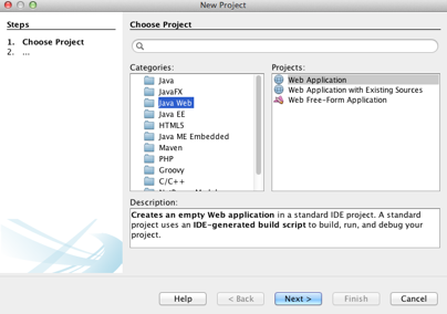 NetBeans window displaying new project options