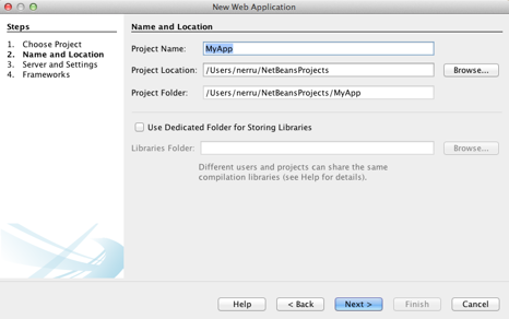 NetBeans window displaying Name and Location options