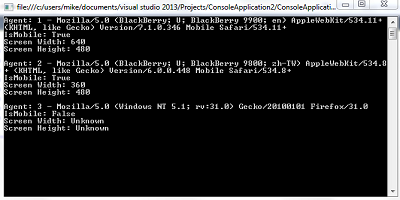 Output of console application on c# using the 51Degrees DLL.